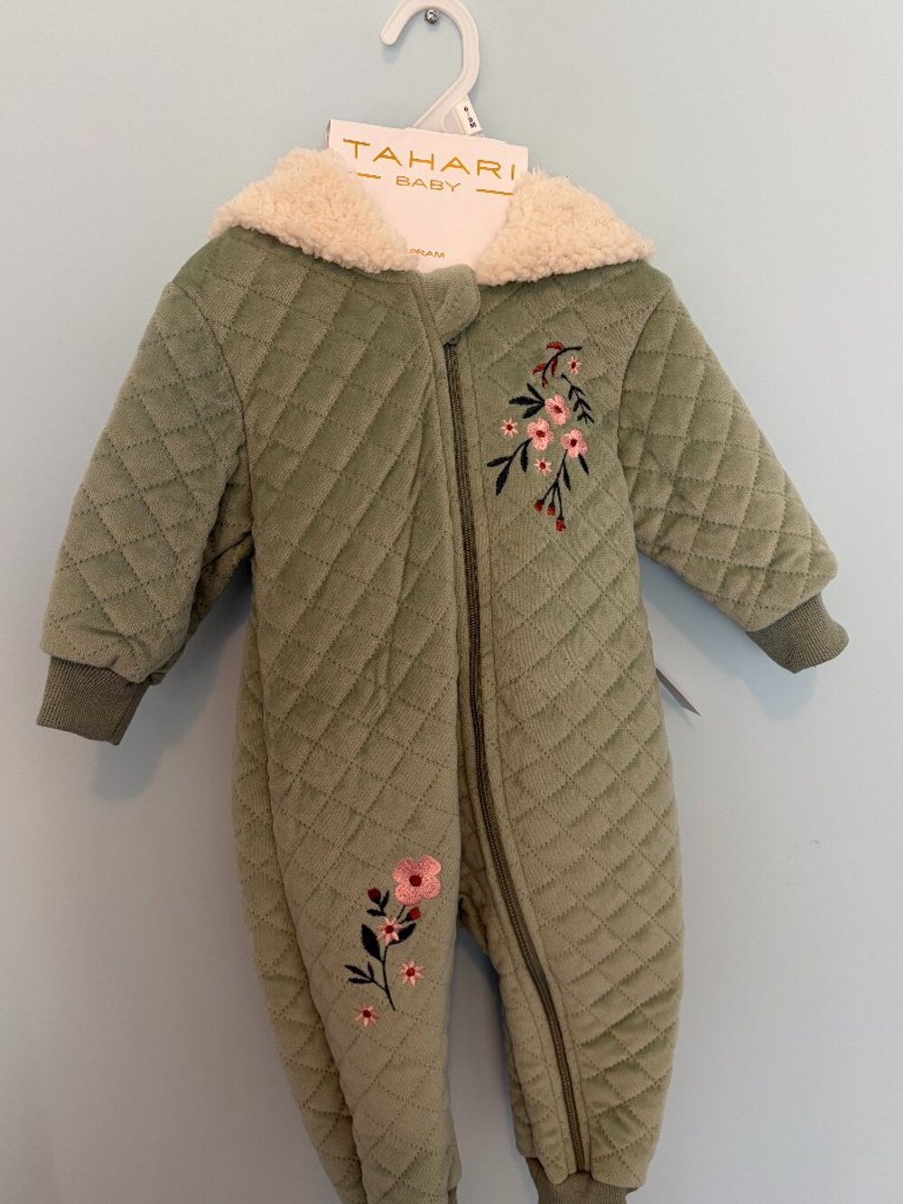 Tahari 6-9 Months Baby Quilted Pram Suit Sage Colored Floral Embroidered Sherpa